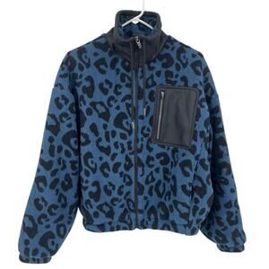 NEW Sweaty Betty Out of the Woods Full Zip Fleece Jacket Blue Leopard Print